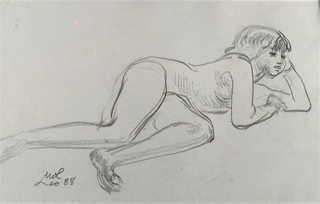 Leo Mol (1915-2009) Nude Girl Sketch 1988: Artist: Leo Mol (1915-2009) Canadian Artist Title: Nude Drawing Sketch of Girl Date: 1988 Medium: Sketch on Paper Size: 8 inches x 12 inches Sight, 15 inches x 19 inches Gallery Fr