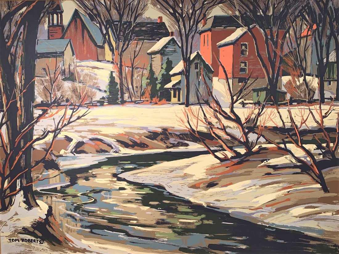 Tom Roberts - Village in Winter - Sampson Matthews: Artist: Tom Roberts (1909-1998) Canadian Artist Title: Village in Winter Medium: Silkscreen/ Serigraph Produced by the Sampson Matthews Company Size: 30 inches x 40 inches