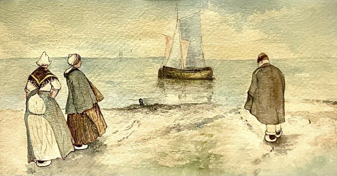 Henri Cassiers (1848-1944 Belgian) Watercolours: Artist: Henri Cassiers (1848-1944 Belgian) Subject: People in a marina Medium: Watercolour Date: Unknown Size: Unframed: 6" x 11" Framed: 18.25" x 13" Provenan