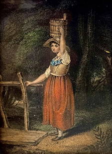 Richard Westall (1765-1836 English) "A Girl Returning from Milking" c.1801: Artist: Richard Westall (1765-1836 English) Thomas Gaugain (1756-1812) {engraver} Subject: A girl returning from milking Medium: Lithograph Date: 1801 Size: Unframed: 2.5"