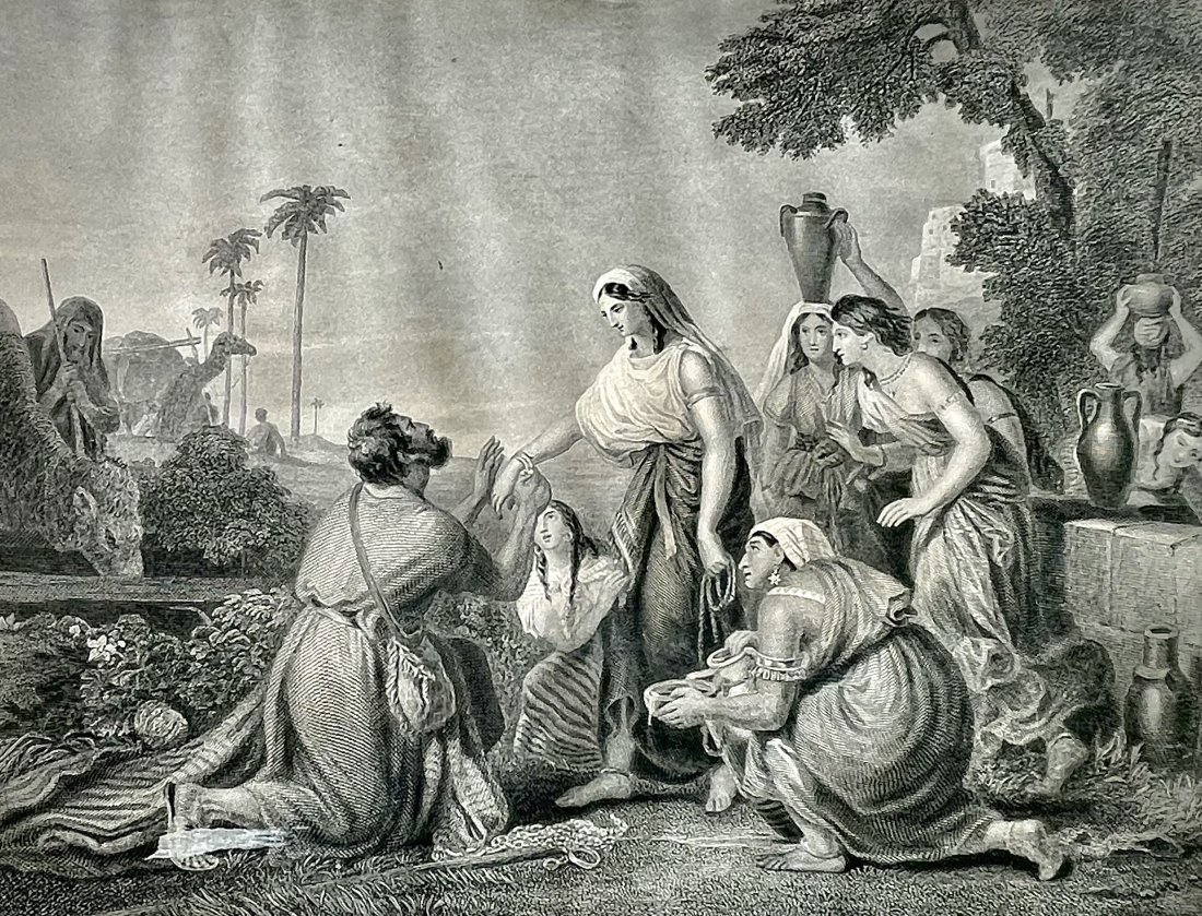 William Hilton the Younger (1786–1839 British) "Rebecca at the Well" c.1851: Artist: William Hilton the Younger (1786–1839 British) Subject: Rebecca at the well Medium: Engraving Date: 1851 Size: Image: 7.5" x 10" Paper: 9.25" x 13.5" Pr