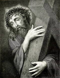 Luis de Morales (1509-1586 Spanish) "Ecce Homo" c.1880: Artist:  Luis de Morales (1509-1586 Spanish) Subject:  Jesus holding the cross  Medium:  Engraving Date: 1880  Size:  Image: 6.25" x 8" Paper: 9.25" x 13.5"  Provenan