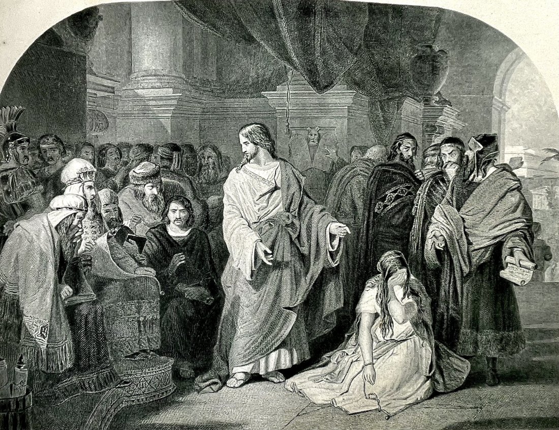 Edward Henry Corbould (1815–1905 British) "He that is without Sin..." c.1854: Artist: Edward Henry Corbould (1815–1905 British) Subject: Jesus protecting woman from stoning Medium: Engraving Date: 1854 Size: Image: 7.5" x 9.75" Paper: 9.25" x 13.5"