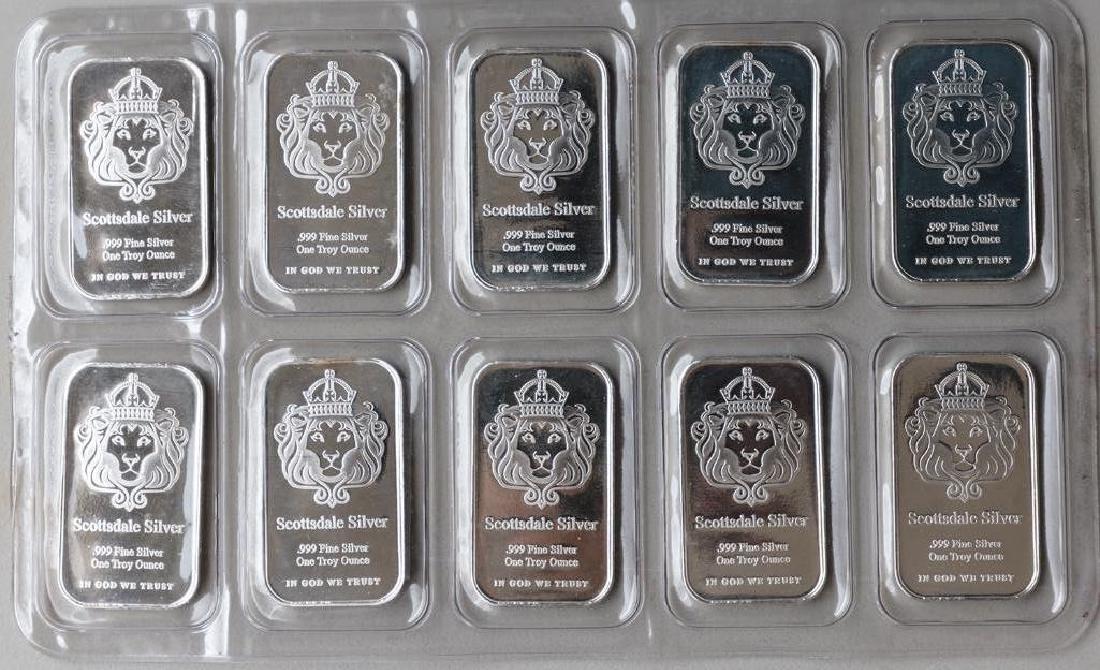 Lot of 10 Scottsdale .999 Silver Bars (1 of 2)