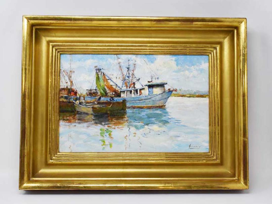 Robert Johnson Painting fishing boat in Harbor: Oil on canvas painting of a fishing boat tied up in Harbor, signed Johnson for Robert Johnson, painting is 8" x 12", gold frame is 13" x 17"