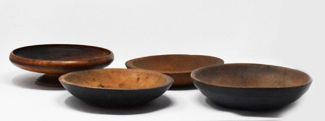 4 wooden bowls: 4 wooden bowls, 1st is made of curly maple with a small pedestal base 2 1/2"H x 8 1/2"D, the other 3 are small butter bowls in blue paint, 8 1/4", 8 1/2" & 9 1/4"D