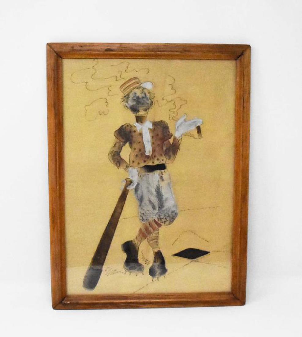 Pen drawing on linen: Pen drawing on linen of a baseball player smoking a cigar with paint highlights, frame is 17 1/2" x 13"
