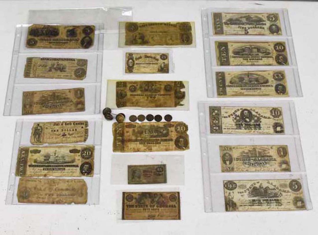 27 Pcs Confederate and US Currency and Union Buttons: 27 Pcs Confederate and US Currency Coins and Union Buttons. Packaging, Insurance, Handling, Shipping is done in house and is 20.00 for this item in the continental U.S. Or you are welcome to pick up i