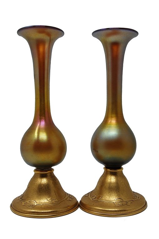 Pair Steuben Gold Aurene Vases W/ Silvercrest Bases: Pair Gold Aurene Vases Mounted In Silvercrest Encrusted Bronze Bases. Packaging, Insurance, Handling And Shipping Are Done In House And Is 85.00 For This Item In The Continental U.S. Or You Are Welcom