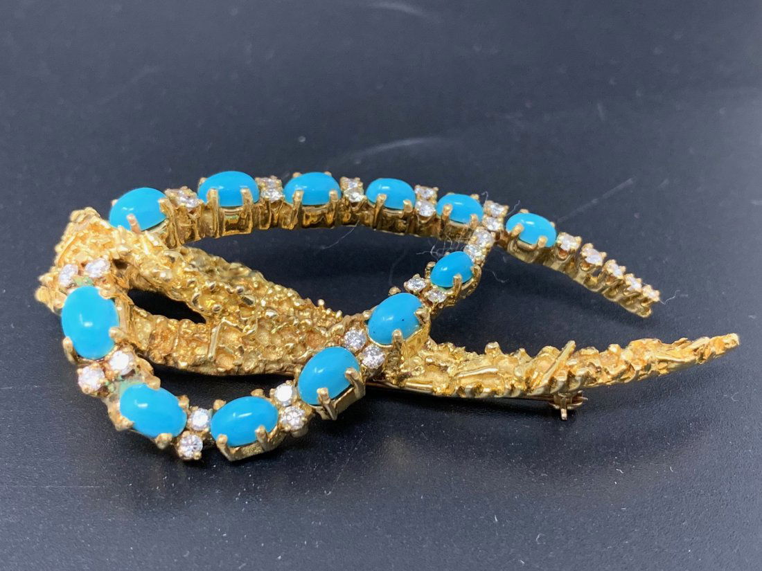18K Yellow Gold Turquoise & Diamonds Designer Pin (1 of 3)