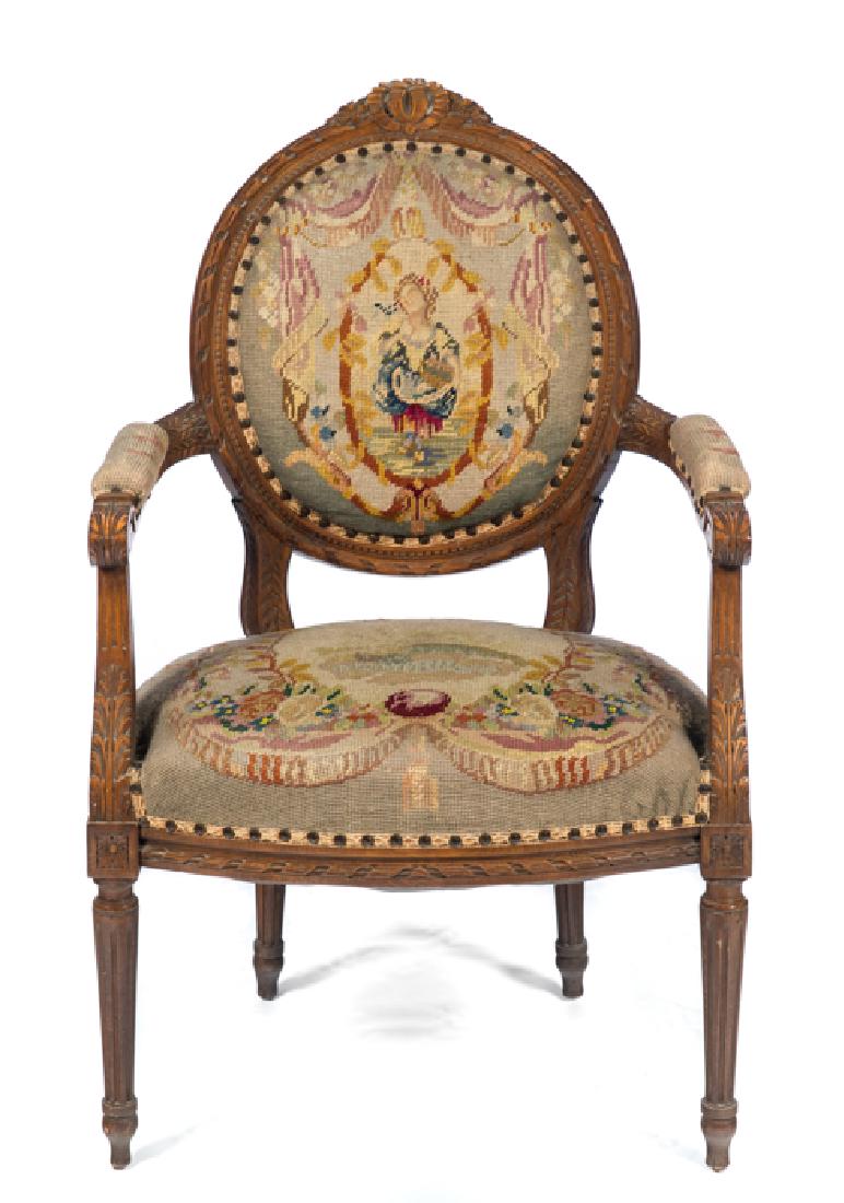 French Needle Point Tapestry Carved Arm Chair: Good condition with normal wear. Please Email or call for a detailed condition report. The absence of a condition statement does not imply that the lot is in perfect condition or completely free from 