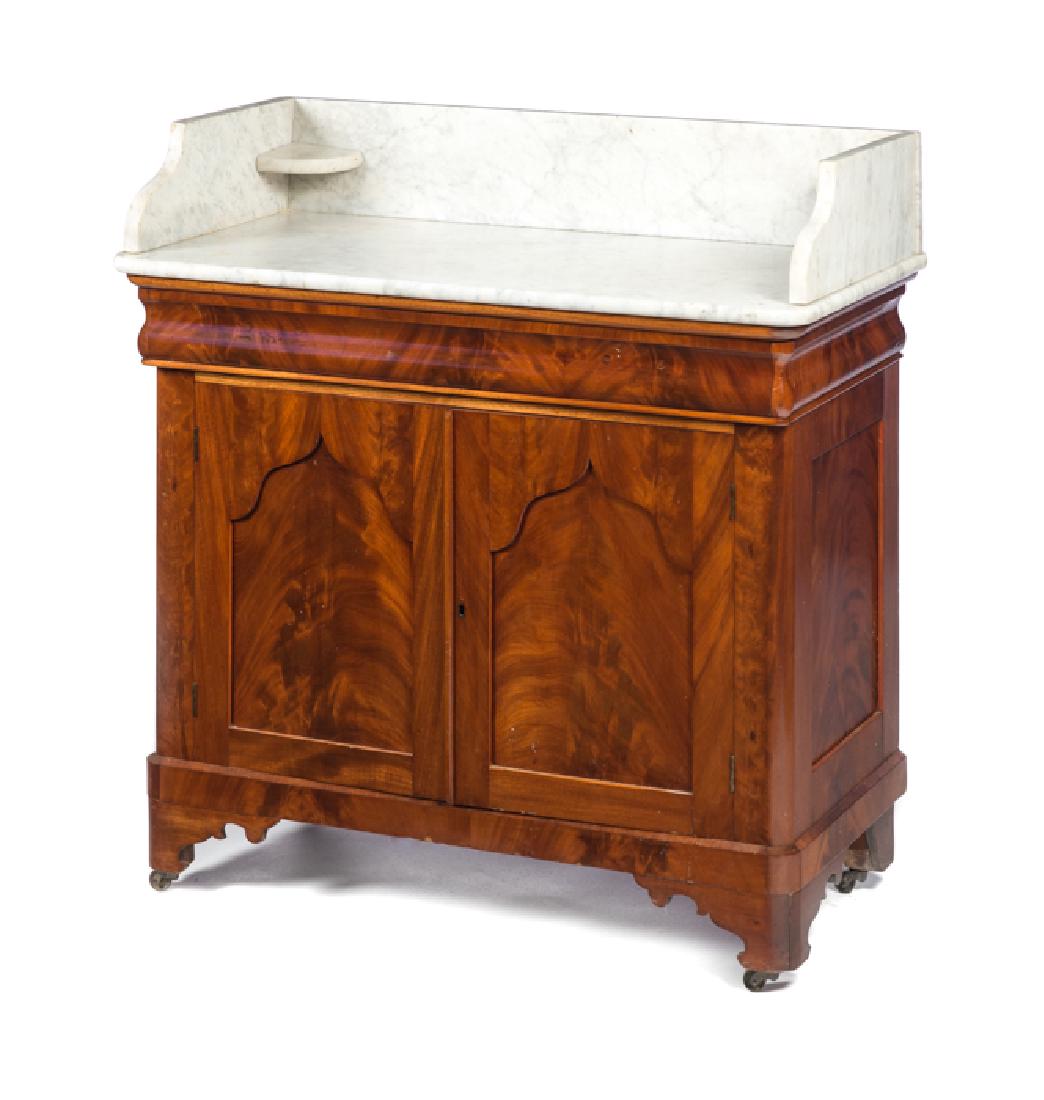 Walnut Victorian Marble Top Washstand: Damaged with normal wear. Please Email or call for a detailed condition report. The absence of a condition statement does not imply that the lot is in perfect condition or completely free from wear an