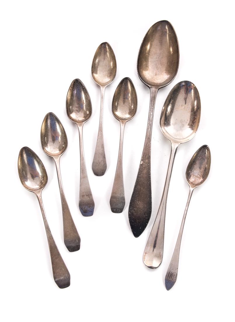 8 Early Coin Silver Spoons: Measures 9.75" tall. Good original condition. Please Email or call for a detailed condition report. The absence of a condition statement does not imply that the lot is in perfect condition or complete