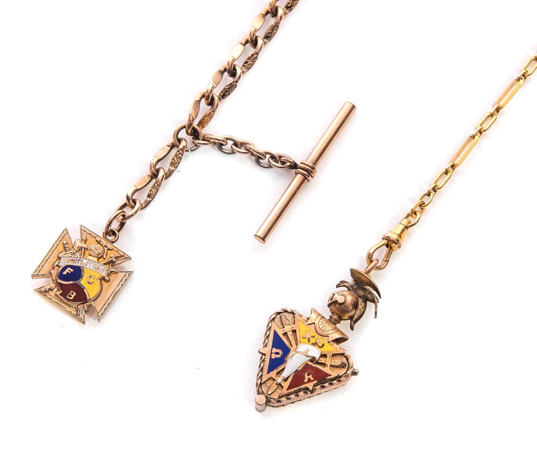2 Knights of Pythias Pocket Watch Fobs: Measures 14.5" tall. Good original condition. Please Email or call for a detailed condition report. The absence of a condition statement does not imply that the lot is in perfect condition or complete