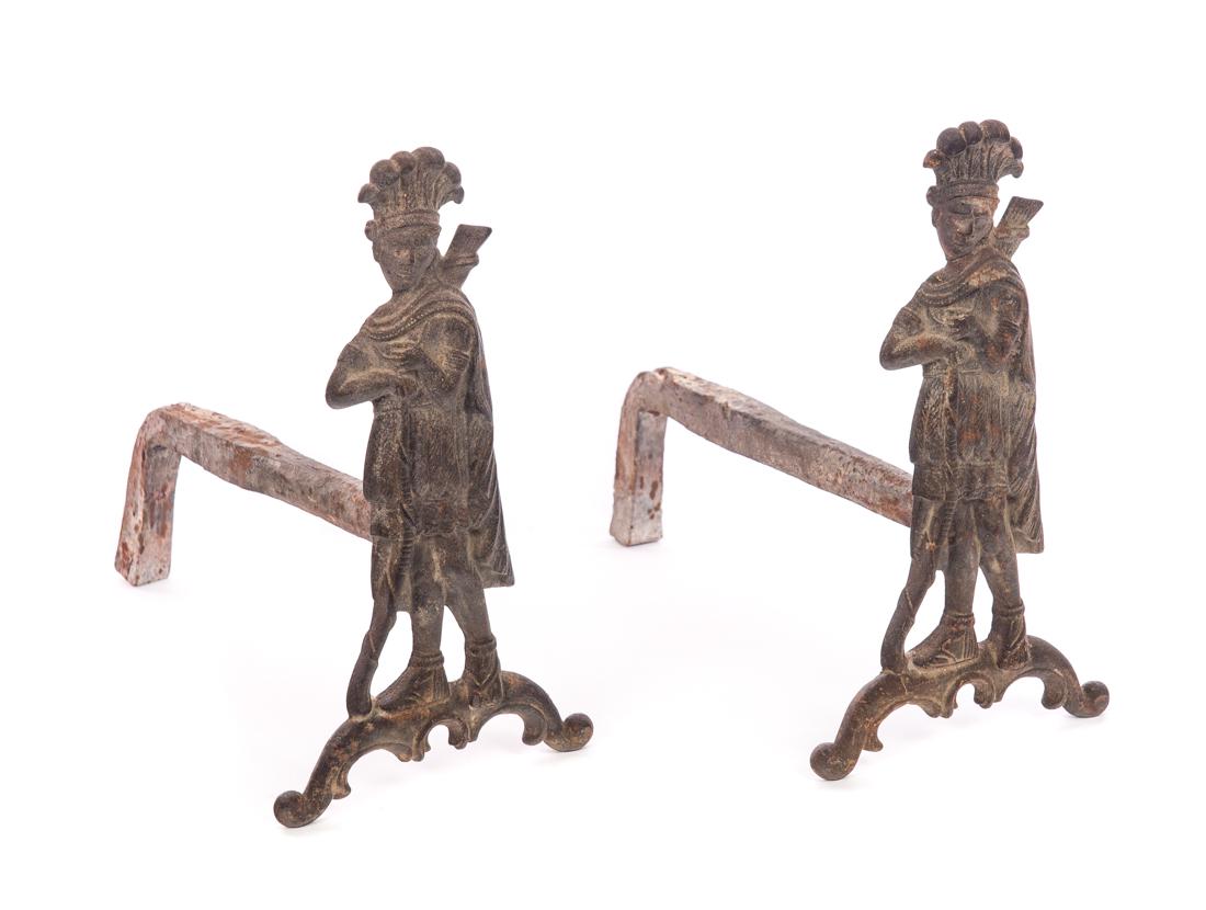 Pair of 19th Century Indian Chief Andirons: Measures 13.5" tall, 7.5" wide. Good original condition. Please Email or call for a detailed condition report. The absence of a condition statement does not imply that the lot is in perfect condition 