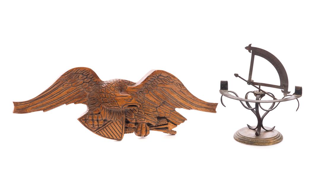 Carved Folk Art Eagle and Sundial: Measures 8.5" tall, 25.5" wide. Good original condition. Please Email or call for a detailed condition report. The absence of a condition statement does not imply that the lot is in perfect condition