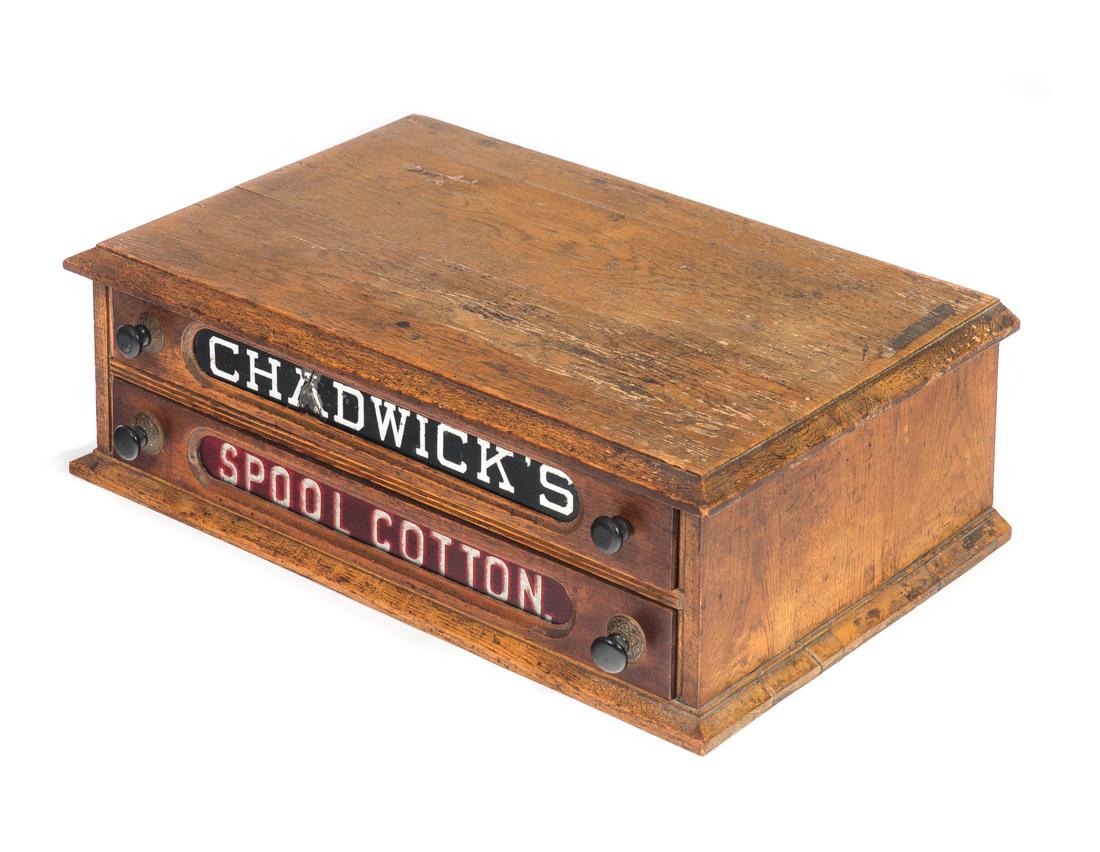 Chadwicks 2 Drawer Victorian Spool Cabinet: Measures 7" tall, 23" wide. Good original condition. Please Email or call for a detailed condition report. The absence of a condition statement does not imply that the lot is in perfect condition or c