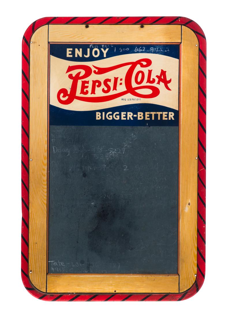 Pepsi Cola Tin Chalkboard Sign: Measures 30" tall, 20" wide. Good original condition. Please Email or call for a detailed condition report. The absence of a condition statement does not imply that the lot is in perfect condition or