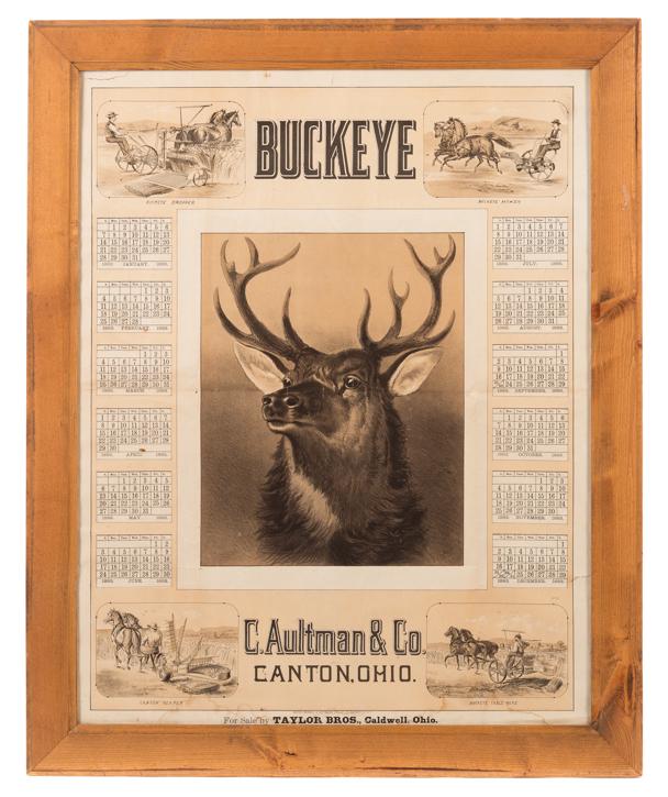 1883 Buckeye Farm Implement Advertising Calendar: Measures 32" tall x 26" wide. Good original condition. Please Email or call for a detailed condition report. The absence of a condition statement does not imply that the lot is in perfect condition or