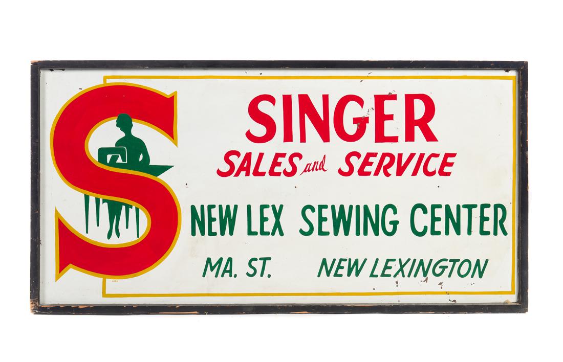 Antique Singer Sewing Machine Wood Sign: Measures 25" tall by 49" wide. Good original condition. Please Email or call for a detailed condition report. The absence of a condition statement does not imply that the lot is in perfect condition o