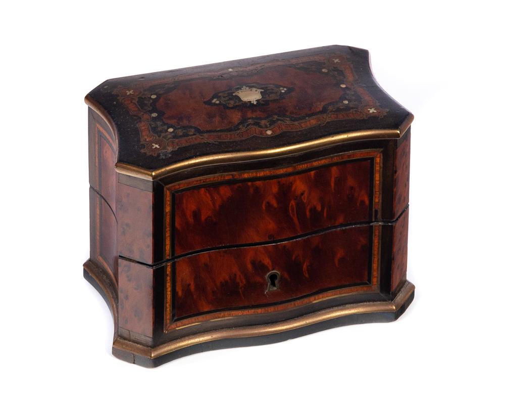 Inlaid box with three cut glass fitted bottles with MOP (1 of 5)