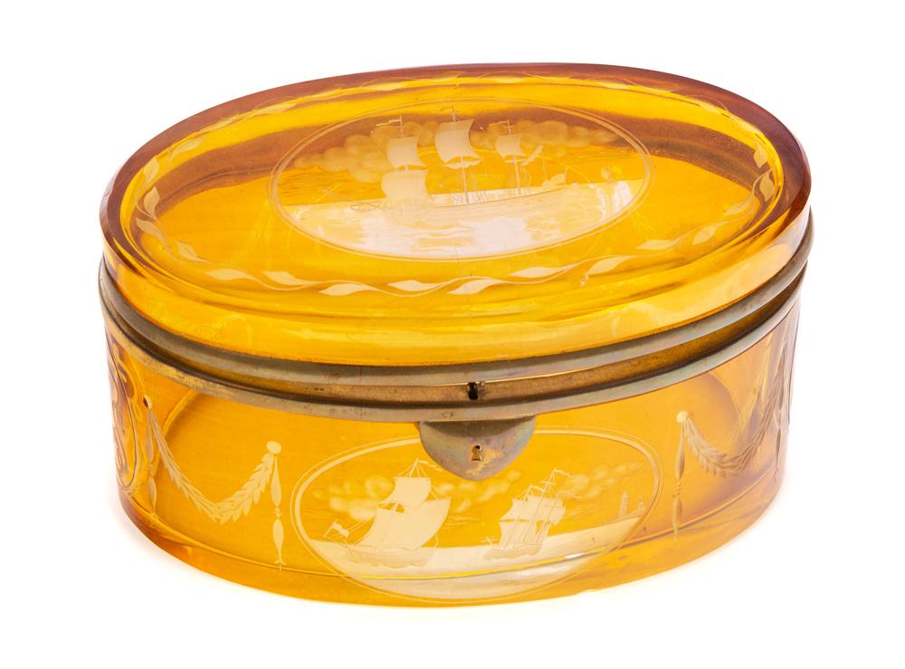 Etched Amber Glass Victorian Box with sailing ships (1 of 4)