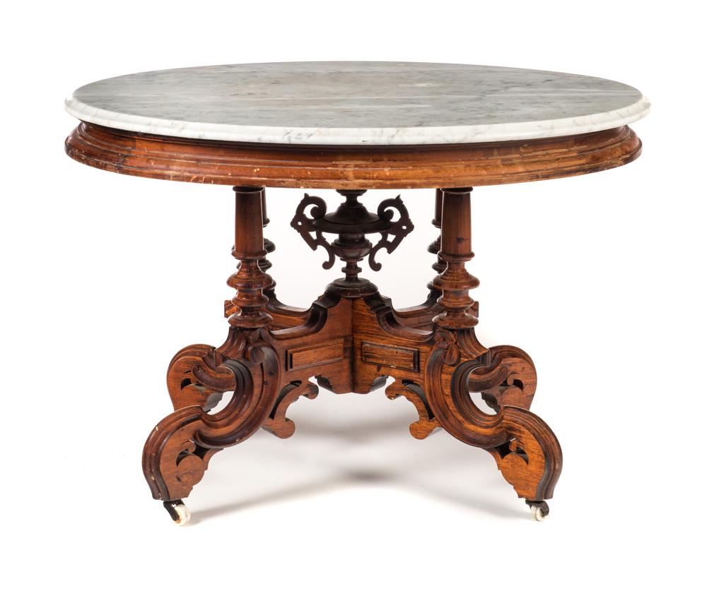 For Auction Walnut Victorian Oval Marble Top Table (0725) on Apr 18