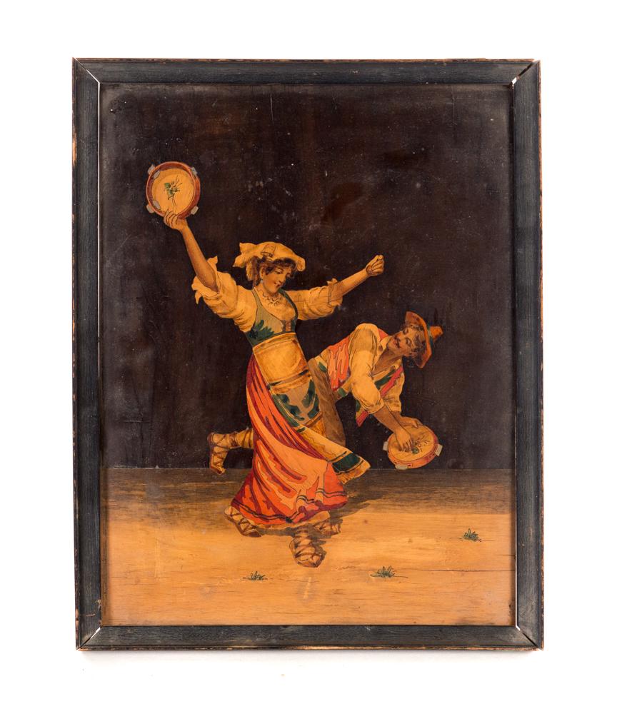 Marquetry Inlaid Wooden Plaque Dancing Gypsies (1 of 2)