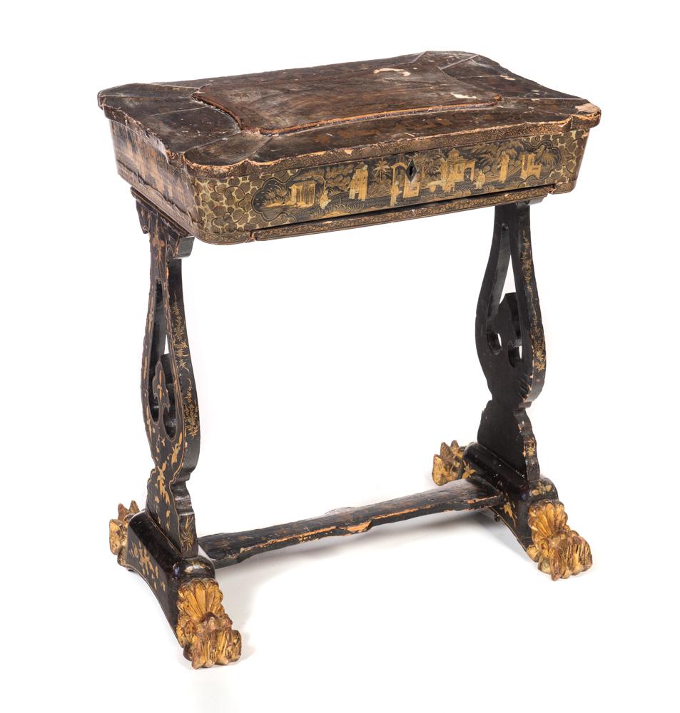 Chinese export black lacquer gilt sewing table (1 of 7)
