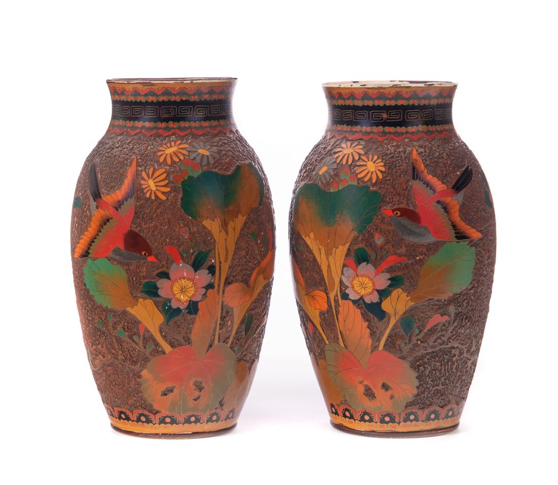 Pr Japanese Porcelain Cloisonne Tree Bark Vases (1 of 4)