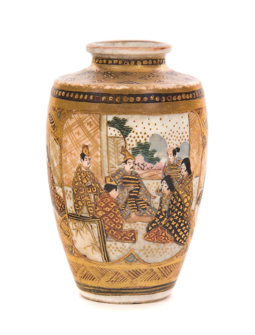 Signed Miniature Meiji Period Japanese Satsuma Vase: Japanese Satsuma vase, depiction of people in garden. Signed w/ Shimazu mark.
