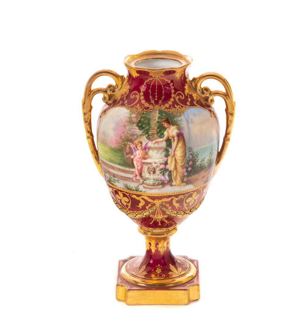 Enamel & Gilt Decorated Dresden Urn: Enamel & Gilt Decorated Dresden Urn