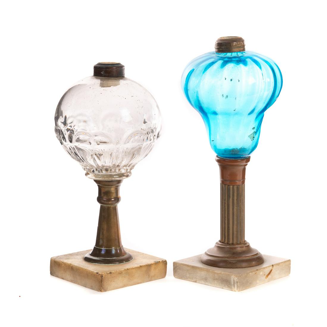 Pair Early American Pressed and Art Glass Oil Lamps (1 of 5)