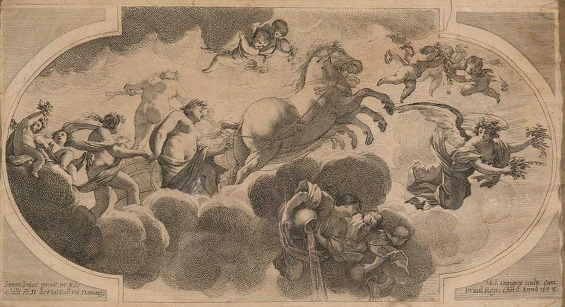 Print of an image by Simon Vouet (París, 1590 -: Print of an image by Simon Vouet (París, 1590 - 1649) made by Michel Dorigny (San Quintín, 1616 - Paris, 1665) Printed on paper and dated 1638. With a carved and gilded period wooden frame.