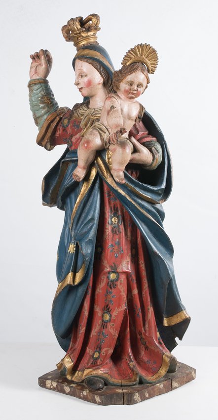 Madonna and Child. Carved and polychromed wooden: Madonna and Child. Carved and polychromed wooden sculpture. 17th – 18th century. 72 x 31 cm.