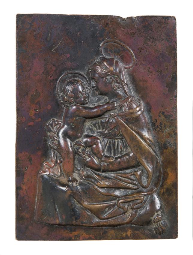“Madonna and Child” Bronze relief. Italy.: “Madonna and Child” Bronze relief. Italy. 16th century. Circle of Jacopo Sansovino. Delicate chasing, which can be appreciated on the features of the faces on Mary and the Child and on the