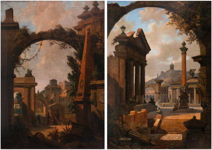 Alessandro Sanquirico (Milan, Italy, 1777 - Milan,: Alessandro Sanquirico (Milan, Italy, 1777 - Milan, 1849) "Architectural caprices with figures" Pair of oil paintings on canvas, one is stuck to hardboard. Signed and dated. 102 x 72 cm. and 105 x 72 c