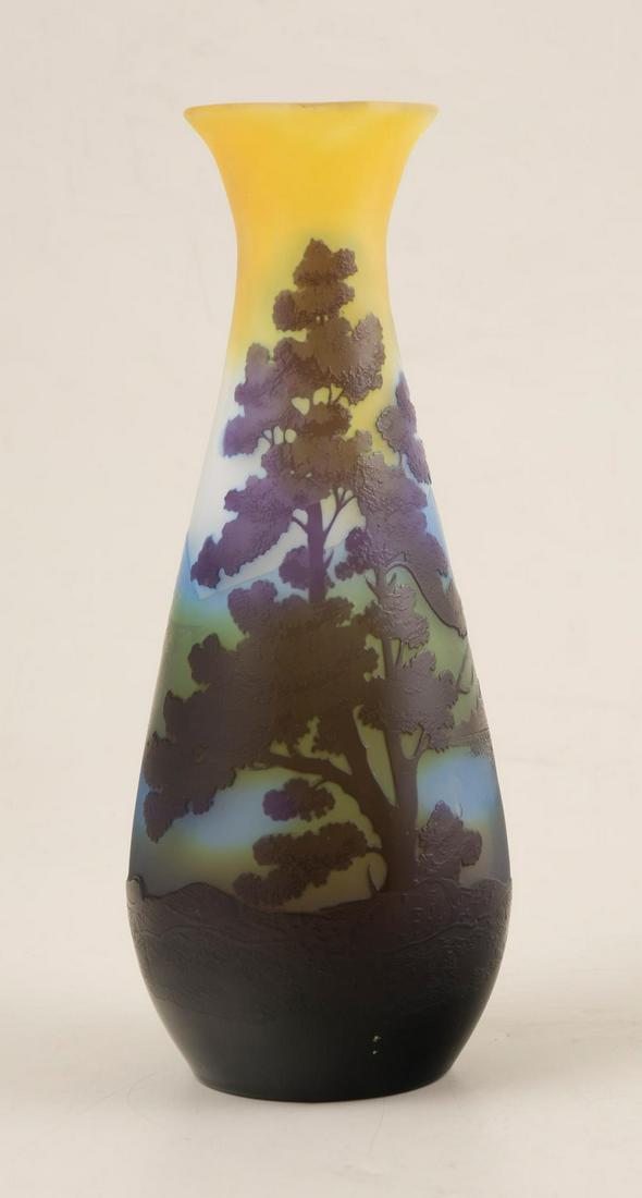 Émile Gallé (1846 - 1904): Émile Gallé (1846 - 1904) Large cameo glass vase with acid etched decoration of a landscape with a lake, hills and trees in mauve, blue and green tones on a yellow, opaline and blue backgrou