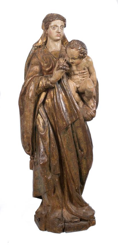 "Madonna and Child". Carved, gilded and polychromed: "Madonna and Child". Carved, gilded and polychromed wooden sculpture. Castilian School. 16th century. 93 x 38 x 23 cm.