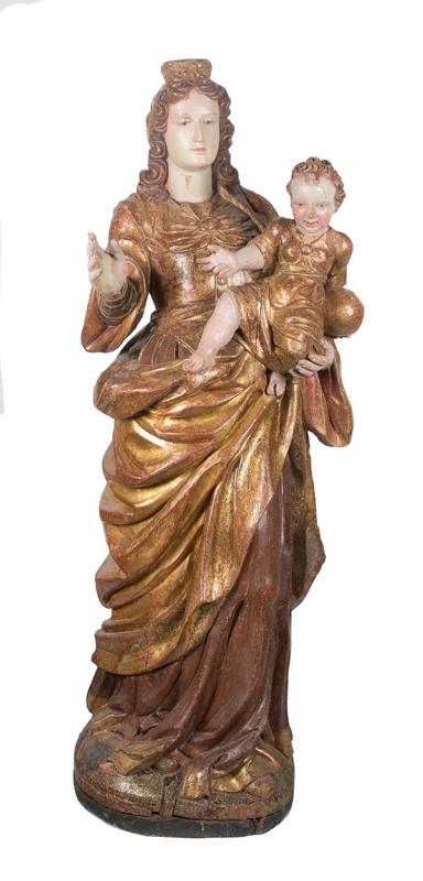 "Madonna and Child". Carved, gilded and polychromed: "Madonna and Child". Carved, gilded and polychromed wooden sculpture. Possibly Colonial School. Peru. 16th - 17th century. 131 x 57 x 42 cm.