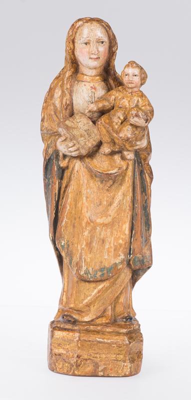 "Madonna and Child". Carved, gilded and polychromed: "Madonna and Child". Carved, gilded and polychromed wooden sculpture. Flemish School. Circa 1500. Height: 25 cm.