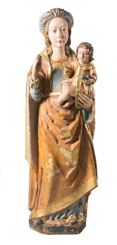 Madonna and Child. Carved, polychromed and gilded: "Madonna and Child". Carved, polychromed and gilded wooden sculpture. Flemish School. Gothic. Circa 1500. 115 x 36 x 20 cm.