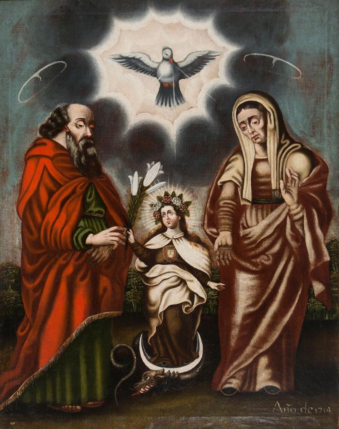 Colonial School. Possibly Peru or Bolivia. 17th century: Colonial School. Possibly Peru or Bolivia. 17th century "Saint Joaquim and Saint Anne with the Virgin Mary as a child " Oil on canvas. Dated 1714. 107 x 85 cm. There are two patches on the back.