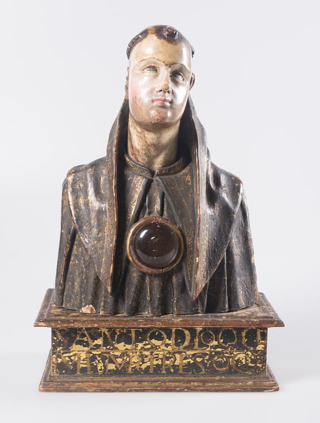 "Reliquary bust of a saint". Carved, gilded and polychromed wooden sculpture, with a large, central (1 of 5)