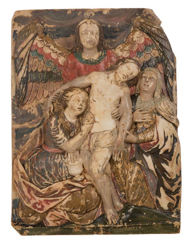 Magnificent sculpted Huamanga stone relief, with polychrome and gilt residue. Viceroyalty work. Ayac (1 of 7)