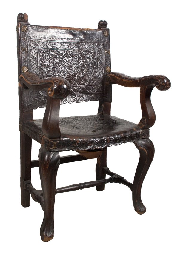 Carved wood and leather chair. Colonial School. Peru. 17th century.- 18th century. (1 of 4)