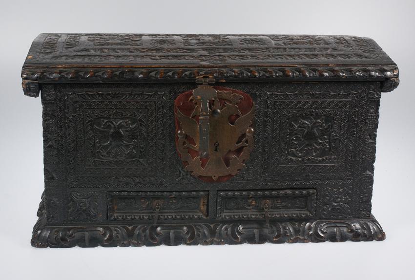 Carved cedarwood chest with iron fittings.  The Philippines. Early 18th century. (1 of 8)