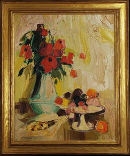 Raimonds Staprans (CA, b. 1926) Still Life Oil: Raimonds Staprans, California (born 1926) Raimonds Staprans is active/lives in California. Raimonds Staprans is known for abstract imagery-still life painting, sculpture. Modernist Still Life with Fru