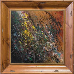 Shozo Shimamoto (Japan 1928 - 2013) Mixed Media: Shozo Shimamoto (Japan 1928 - 2013) Abstract Mixed Media Acrylic, Enamel, and Broken Glass On Board Signed Oil on Board Painting Size: 24 x 24 in. Frame Size: 32 1/2 x 32 1/2 in. Created in Circa 1950