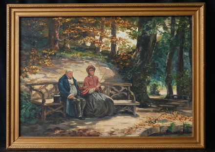 Vintage European Oil Painting Couple In The Park Sign Mar 03